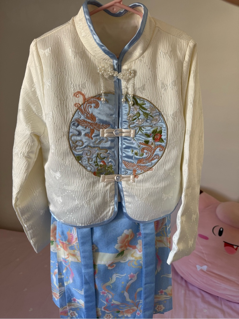 Embroidered Two-Piece Asian-Inspired Jacket & Skirt Set in Ivory and Light Blue